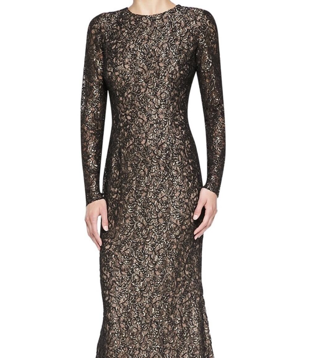 Carmen Marc Valvo Metallic Lace Evening Holiday Gown Black/Gold Size 4